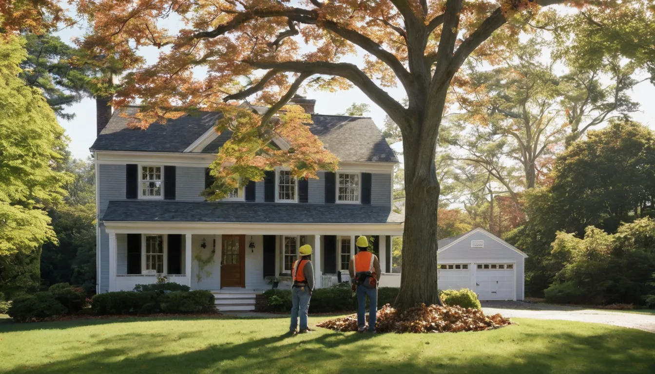 A tree provider and a homeowner talking beside an older house in Albany